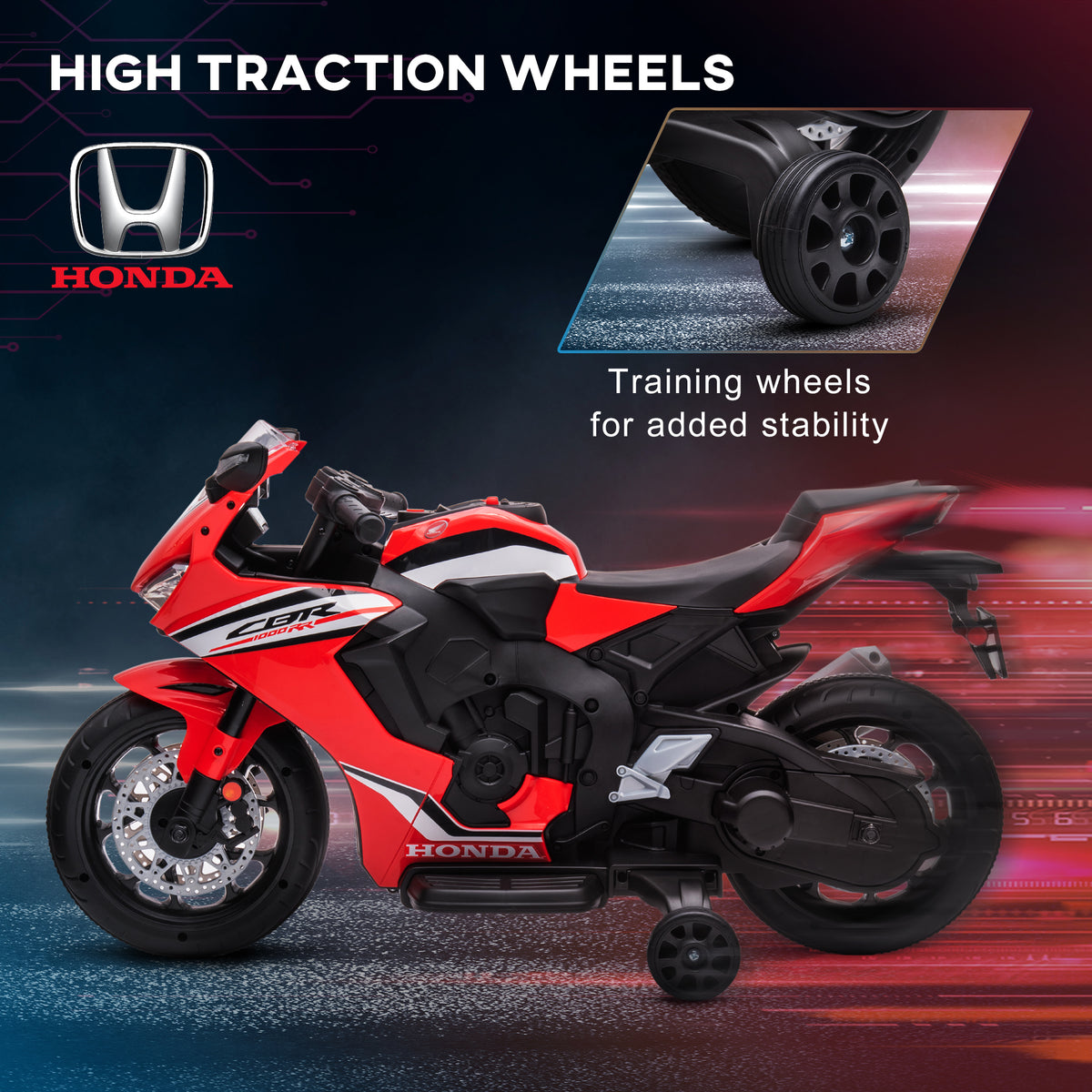 6V Honda Licensed Kids Motorcycle w/ Music, Training Wheels