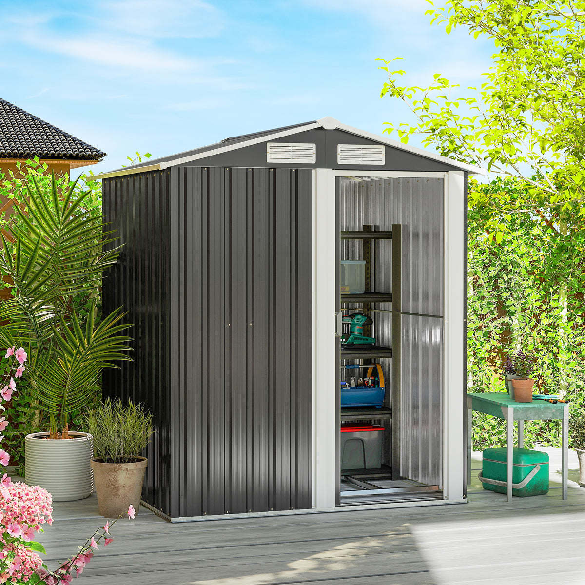 Garden Metal Tool Storage Shed with Sliding Door, Sloped Roof and Foundation Kit, 152 x 132 x 188cm