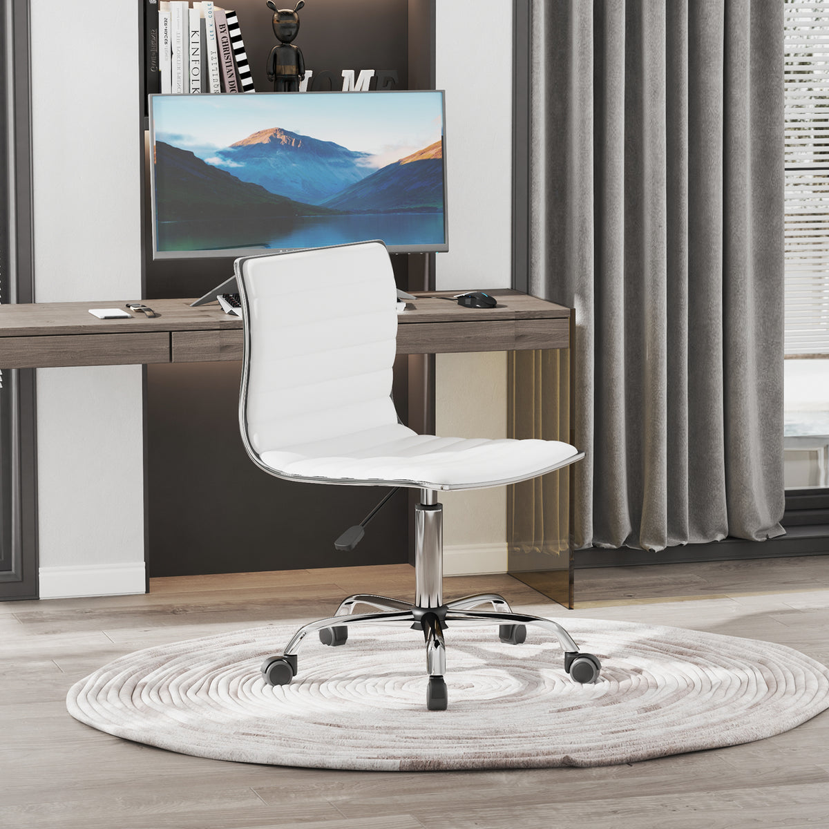 Adjustable Swivel Office Chair with Armless Mid-Back in PU Leather and Chrome Base