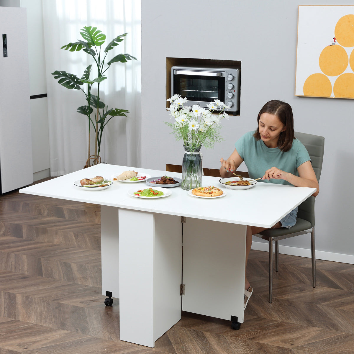 Folding Dining Table, Drop Leaf Table with 2-Tier Shelves, Rolling Casters, for Small Spaces, Kitchen, White