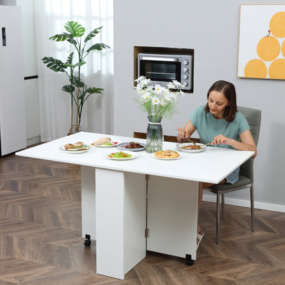 Folding Dining Table, Drop Leaf Table with 2-Tier Shelves, Rolling Casters, for Small Spaces, Kitchen, White