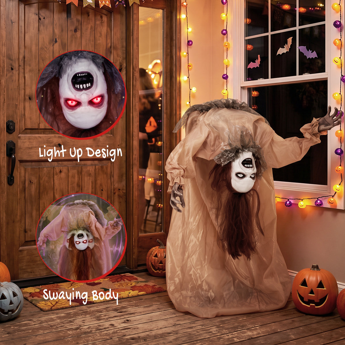 Animated Halloween Ghost, Halloween Animatronics with Creepy Screams, Glowing Eyes, Sound/Touch Activated