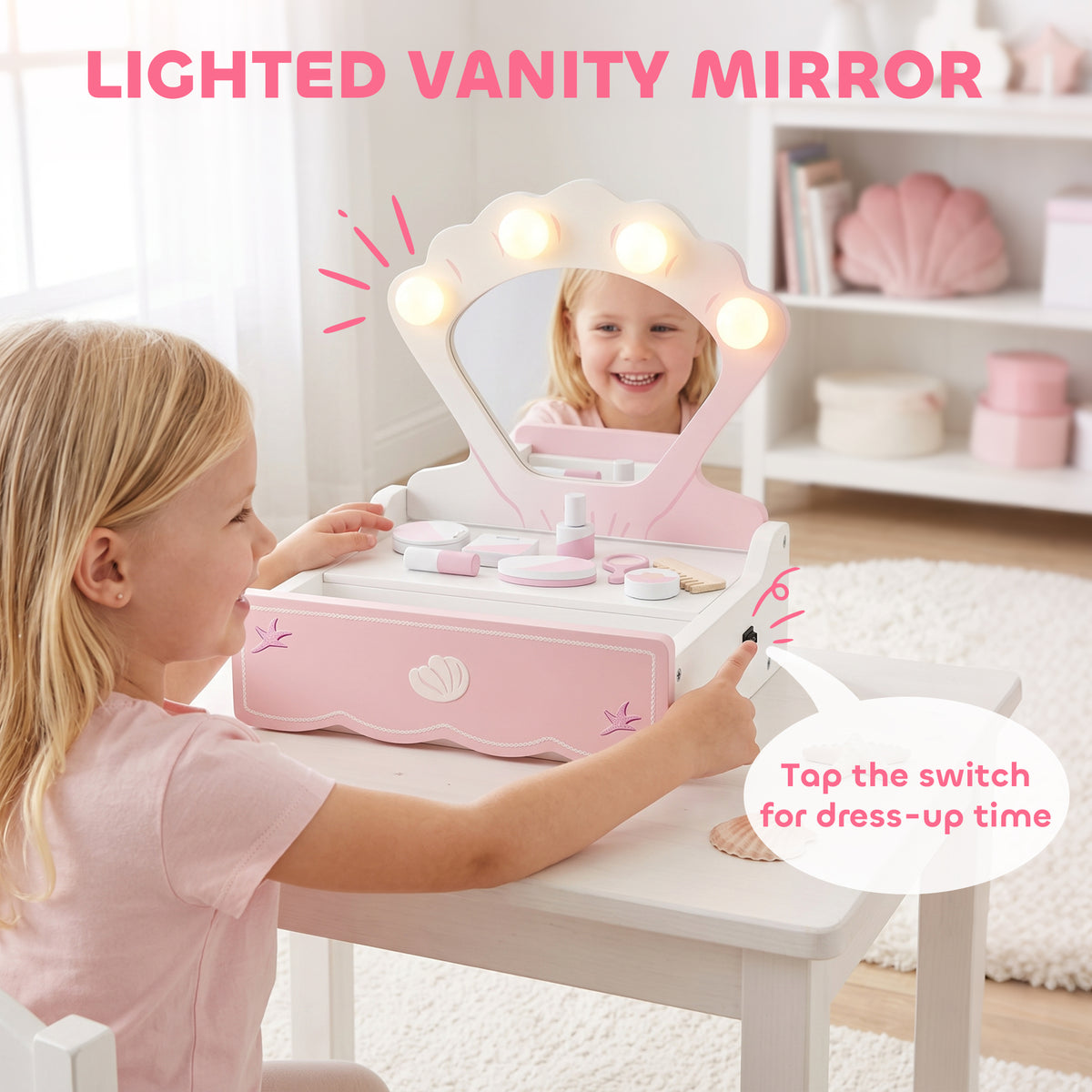Kids Dressing Table, Portable Vanity Table with Lights, Mirror, Drawer, Accessories, Gift for 3-6 Years