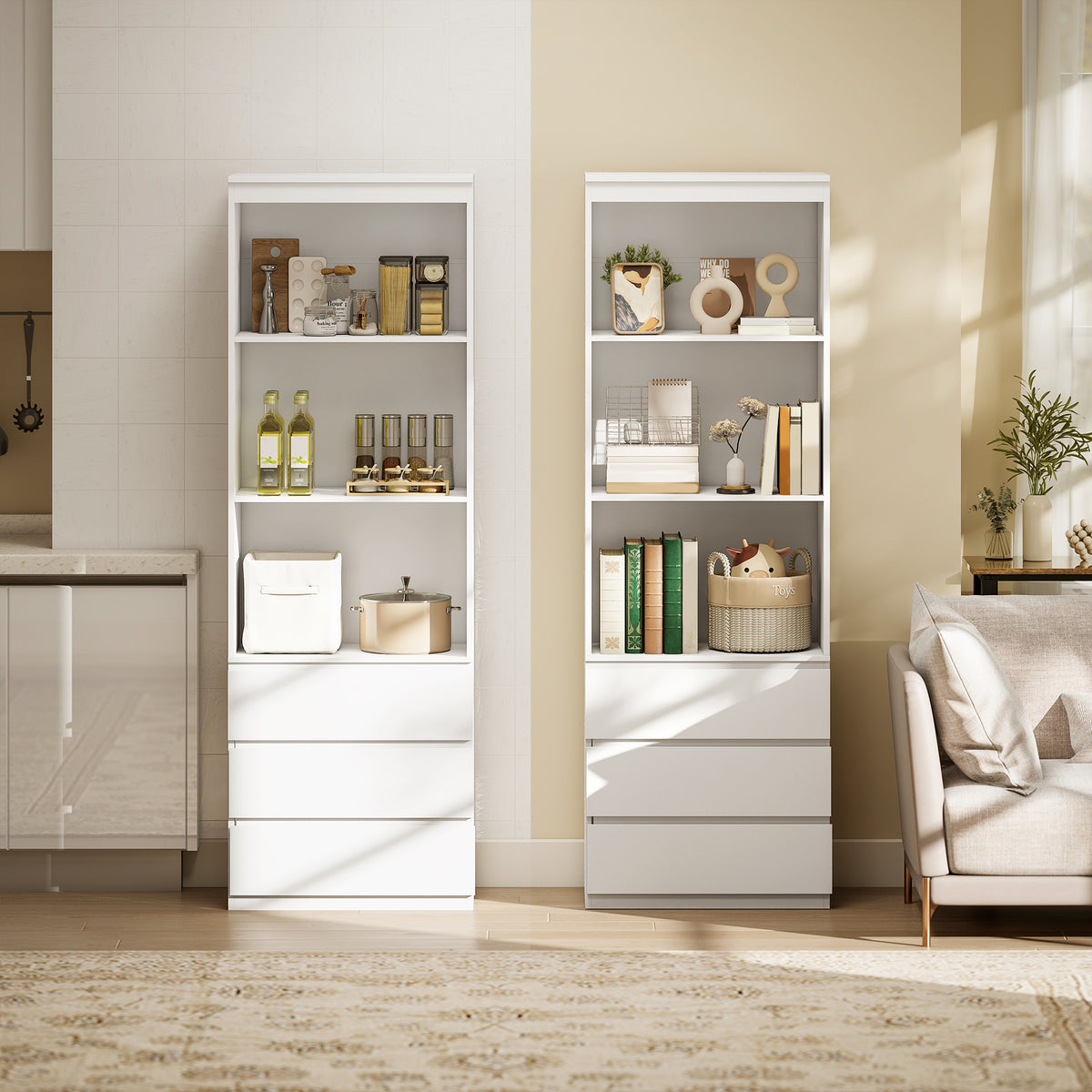 180cm Tall Bookcase, with Shelves and Drawers - White
