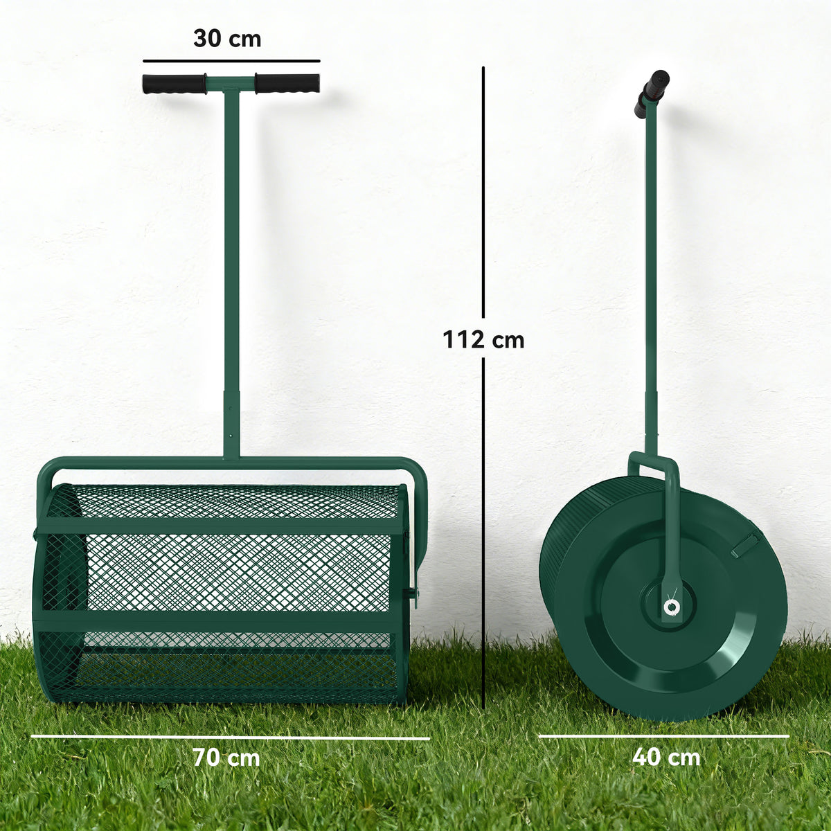 Compost Spreader, 24" Peat Moss Spreader with Height Adjustable T Shaped Handle and Metal Mesh Basket, Garden Spreader for Seeding, Spreading Manure