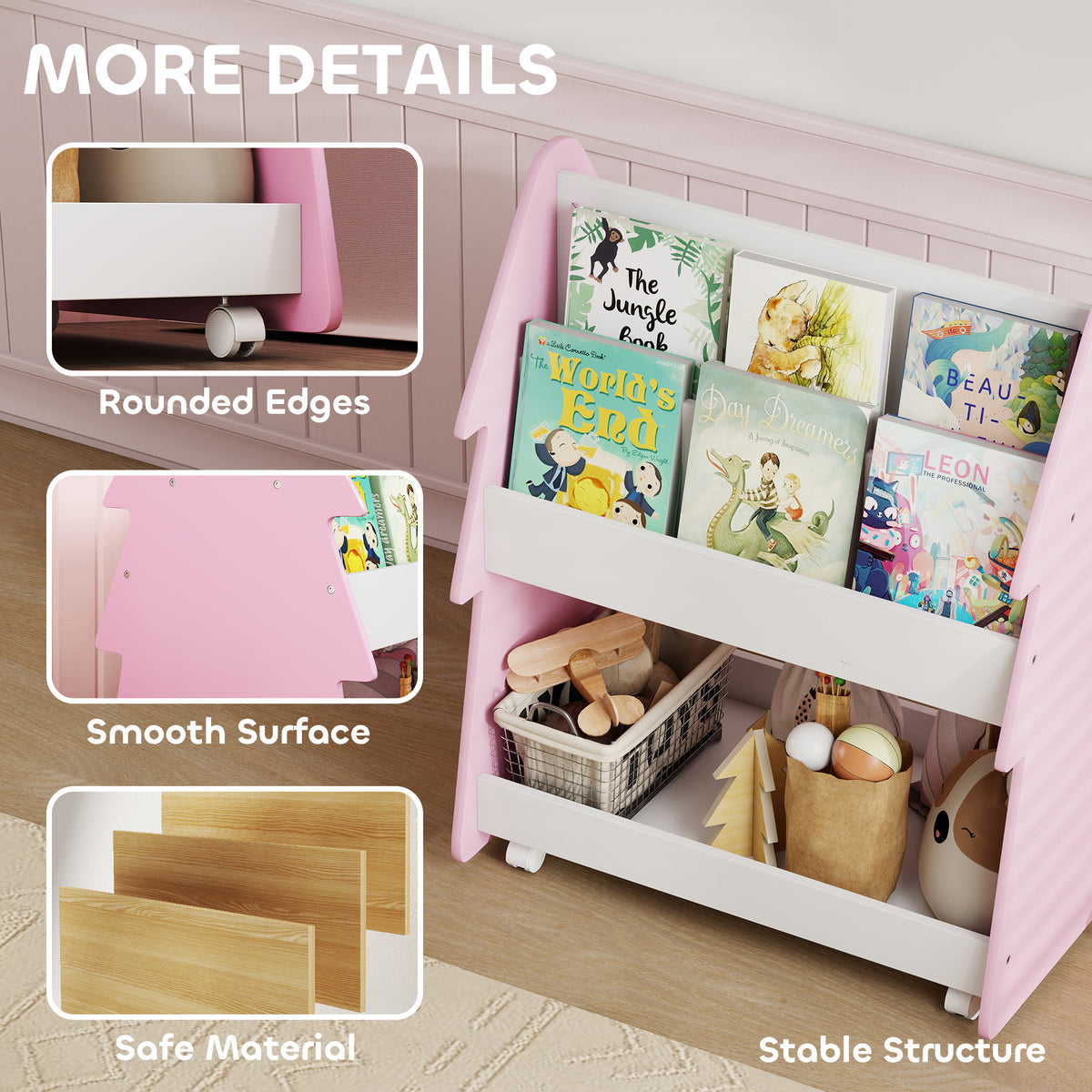 Kids Bookshelf with Toy Storage, Double-Sided Bookcase with Wheels, 3 Tier Kids Book Rack for Bedroom, Pink