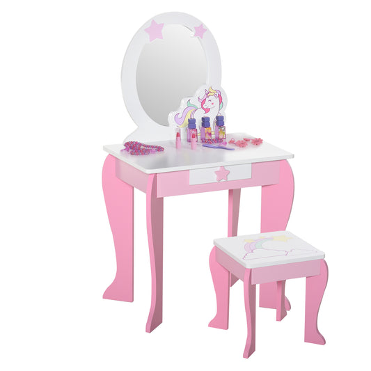 Kids Dressing Table with Mirror, Stool, Pink