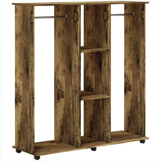 Open Wardrobe Double Mobile Storage Shelves Organizer W/6 Wheels-Rustic Brown