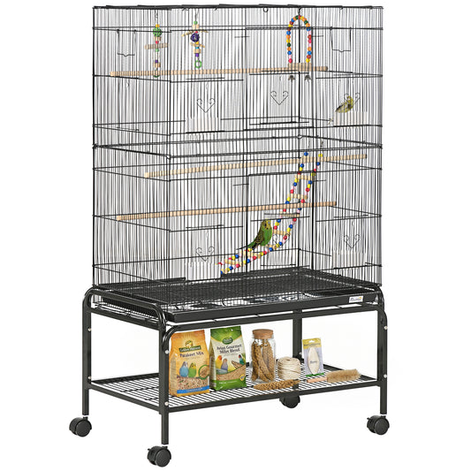 Large Bird Cage Budgie Cage with Stand, Toys, Wheels, Accessories, Storage Shelf for Canaries, Finches, Lovebirds, Parakeets - Black, 79 x 49 x 133 cm
