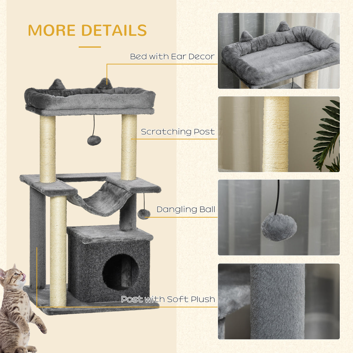 Cat Tree, 90cm Cat Tower with Sisal Scratching Posts, Cat Condo, Hammock, Top Perch and 2 Hanging Toys for Cats
