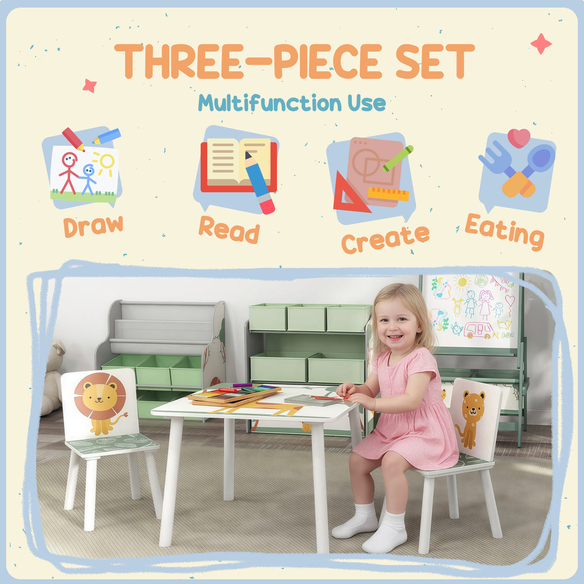 3-Piece Toddler Table and Chair Set, Kids Table with 2 Chairs Set for Bedroom, Nursery, Playroom