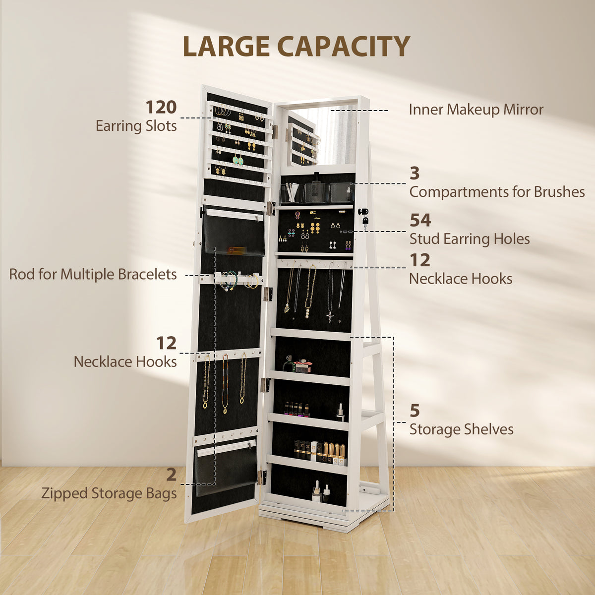 360° Swivel Jewellery Cabinet, Free Standing Full Length Mirror with Storage, Lockable Jewellery Organiser with Built-in Makeup Mirror and Storage Shelves for Bedroom