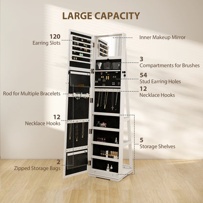 360° Swivel Jewellery Cabinet, Free Standing Full Length Mirror with Storage, Lockable Jewellery Organiser with Built-in Makeup Mirror and Storage Shelves for Bedroom