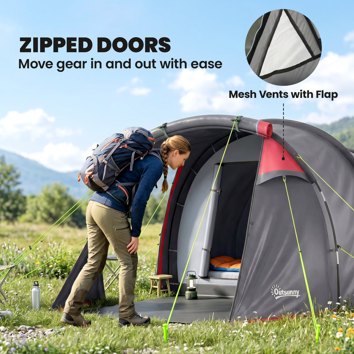 2 Man Tunnel Tent with Sewn-in Groundsheet, Air Vents, Rainfly, 2000mm Large Camping Tent with Bedroom, Porch, Living Area for Camping, Hiking, 426L x 206W x 154H cm