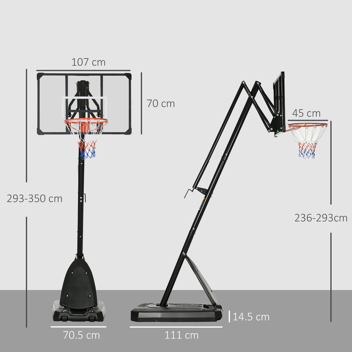 2.4-2.9m Adjustable Basketball Hoop and Stand with Weighted Base, Portable on Wheels
