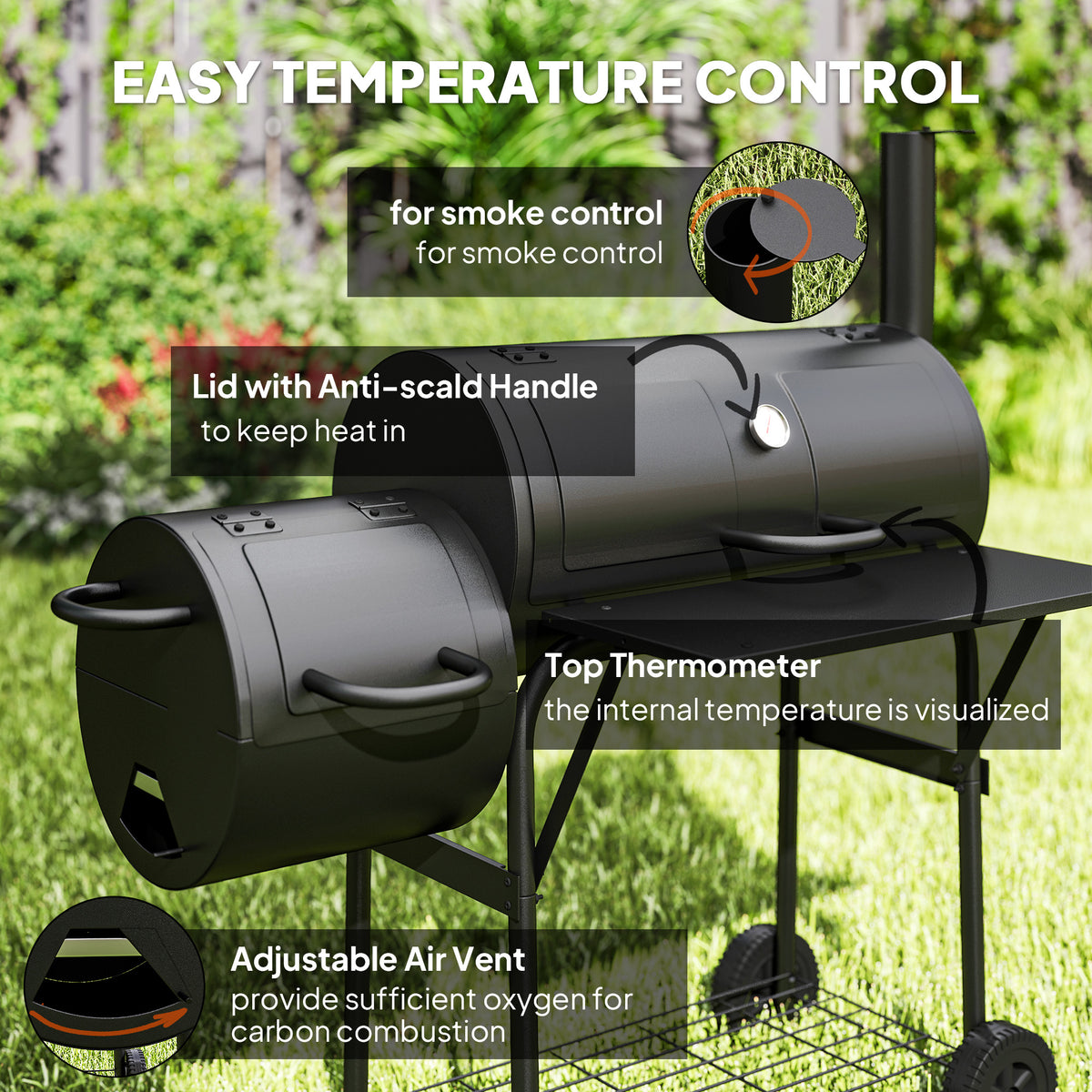 Barbecue Grill Portable Outdoor Charcoal BBQ Grill with Offset Smoker 109 x 60 x 120 cm Black