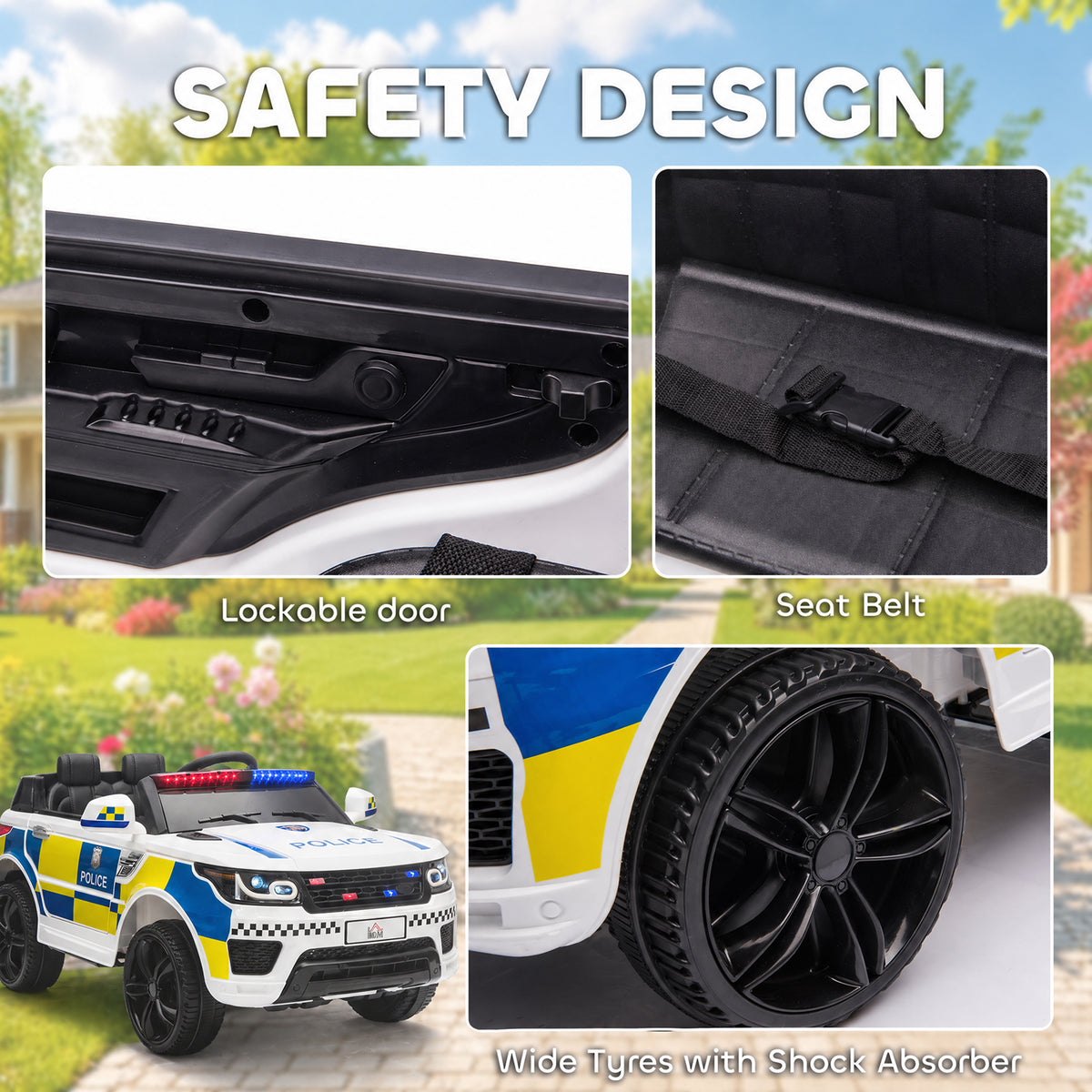 Ride on Police Kids Car 12V Electric Car for 3-6 Years with Remote Control Siren Flashing Lights Suspension, White