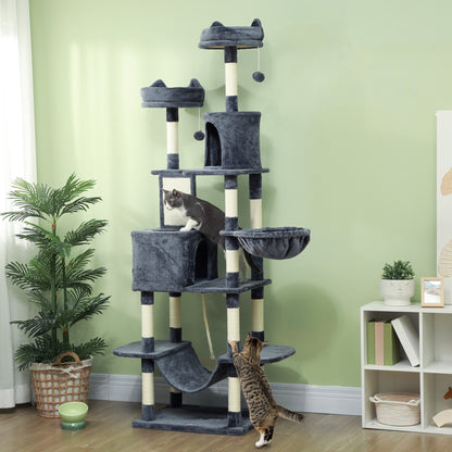206cm Cat Tree, Multi-Level Cat Tower with Scratching Posts and Board, Beds, Condos, Platforms, Toy Balls, Dark Grey