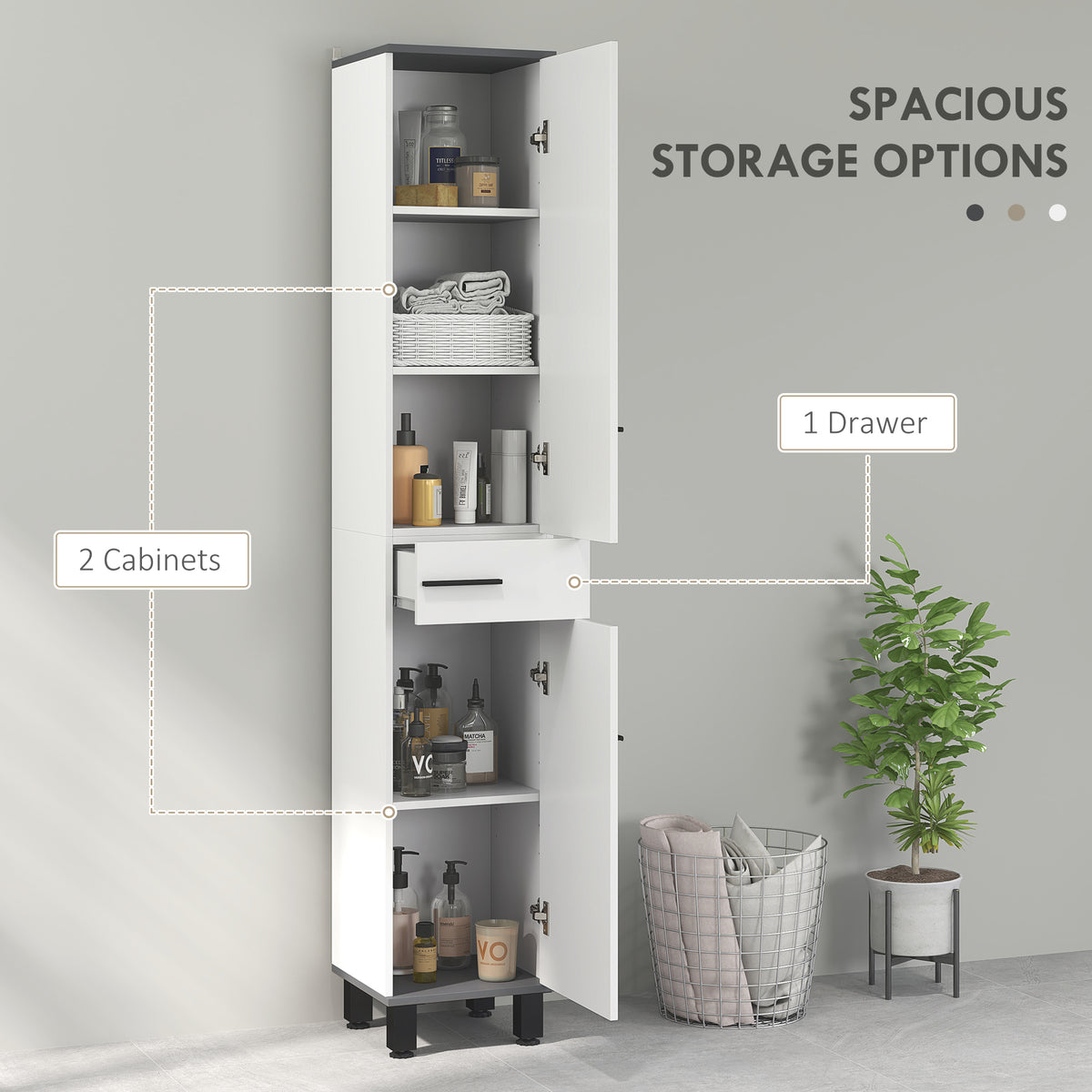 190cm Slim Bathroom Storage Cabinet - White