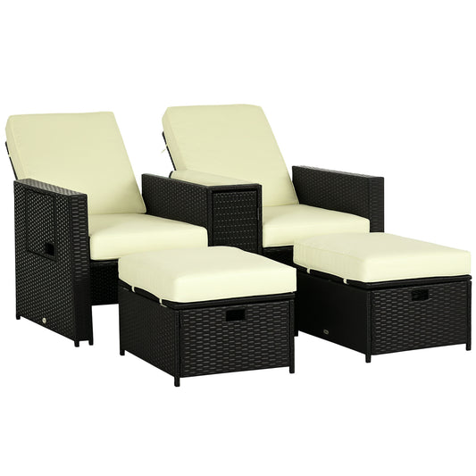 5PC PE Rattan Sun Lounger, Outdoor Wicker 5-level Adjustable Recliner Sofa Bed with Storage Side Table and Footstools, for Patio, Garden, Poolside, Black