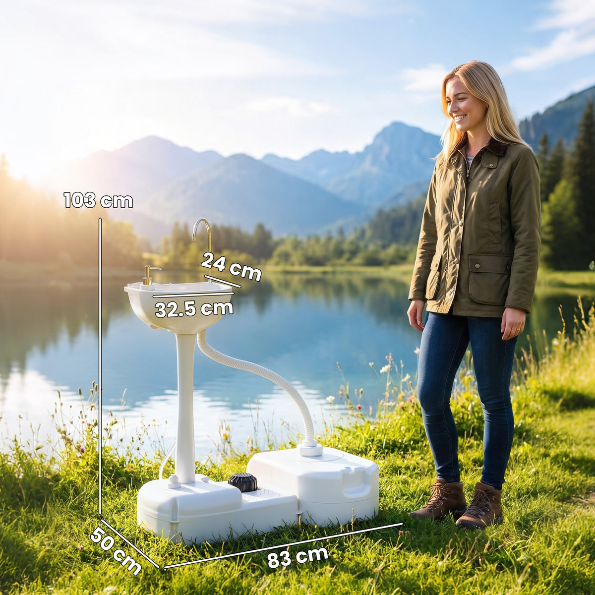 Portable Camping Sink with Running Water and Wastewater Tank, Hand Wash Basin with Rolling Wheels, Foot Pump, Soap Dispenser for Outdoor Events, Gatherings, Picnic