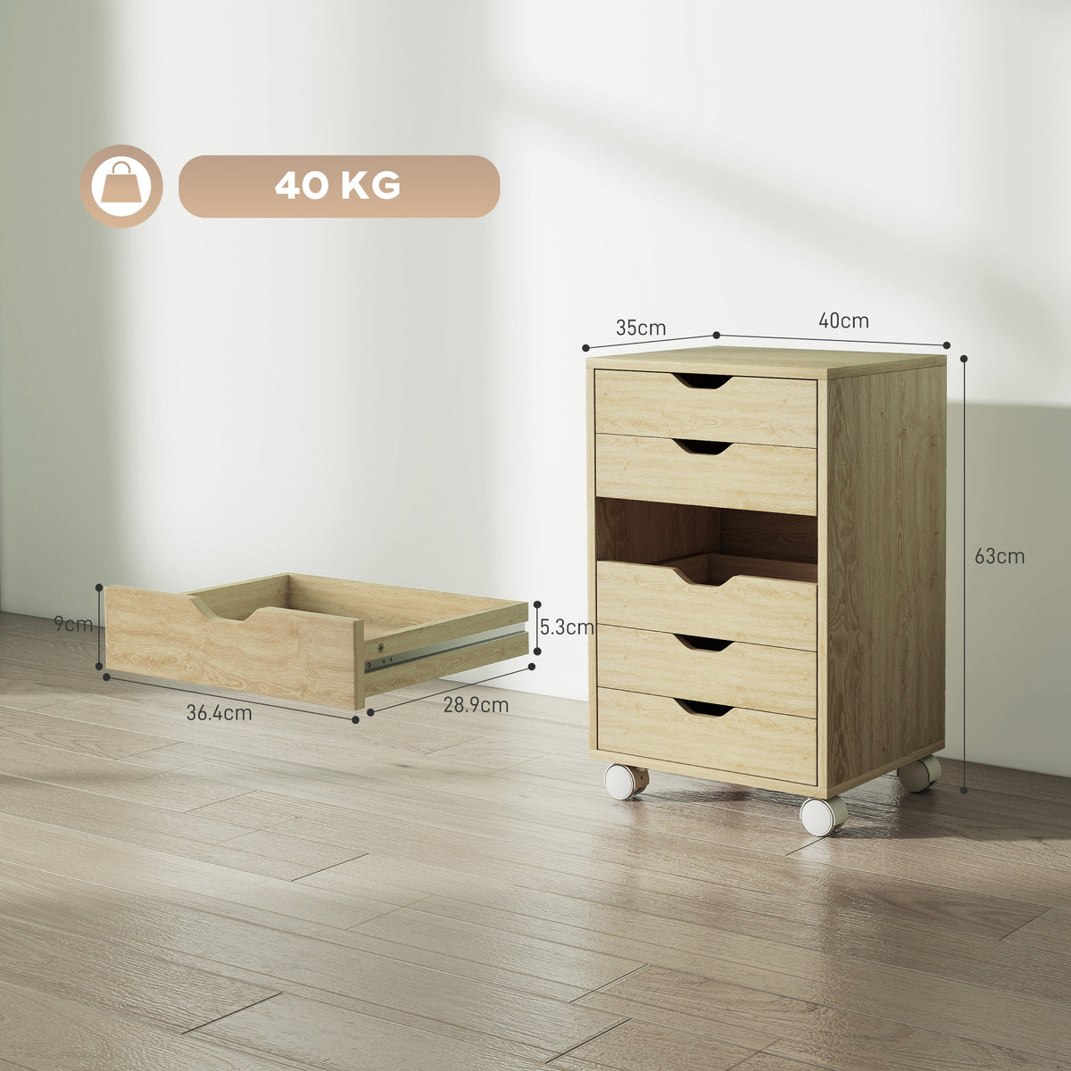 6 Drawer Vertical File Cabinet, Mobile Filing Cabinet with Quiet Drawers and Wheels with 2 Brakes