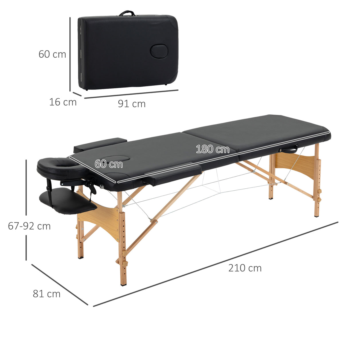 Portable Massage Bed, Folding Spa Beauty Massage Table with 2 Sections, Carry Bag and Wooden Frame