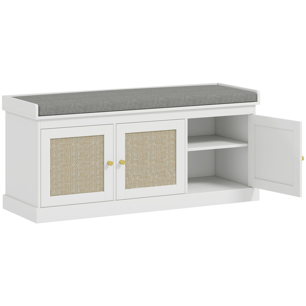 Shoe Storage Bench with Woven Rattan Doors, Seat - White