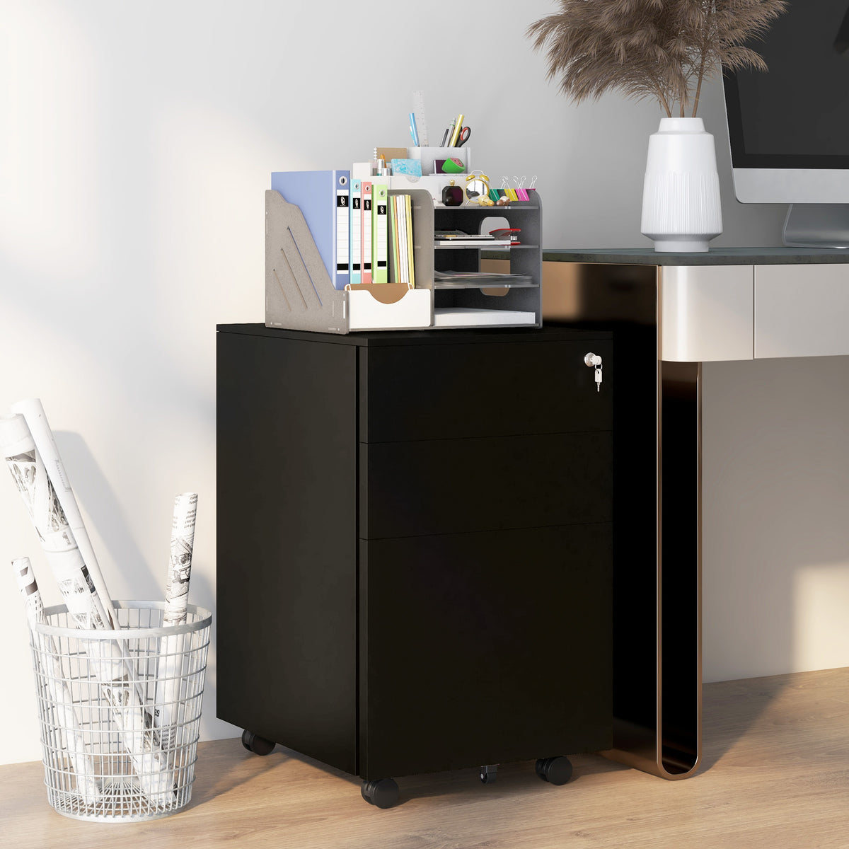 3-Drawer Vertical Filing Cabinet with Pencil Tray, Lock and 5 Wheels, Steel Mobile File Cabinet, for A4, Legal and Letter Size, Pre-Assembled Body