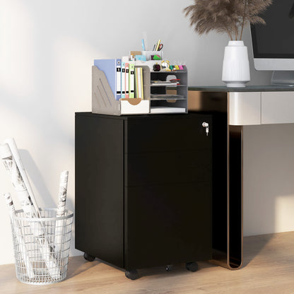 3-Drawer Vertical Filing Cabinet with Pencil Tray, Lock and 5 Wheels, Steel Mobile File Cabinet, for A4, Legal and Letter Size, Pre-Assembled Body