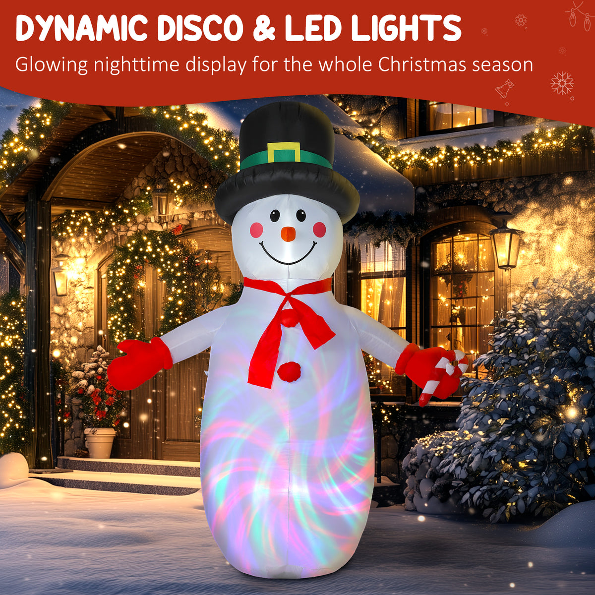 8FT Christmas Inflatable Outdoor Decoration with Dynamic Disco & LED Lights, Self-Inflating Christmas Blow Up Snowman for Garden, Indoor Outdoor Home Decor