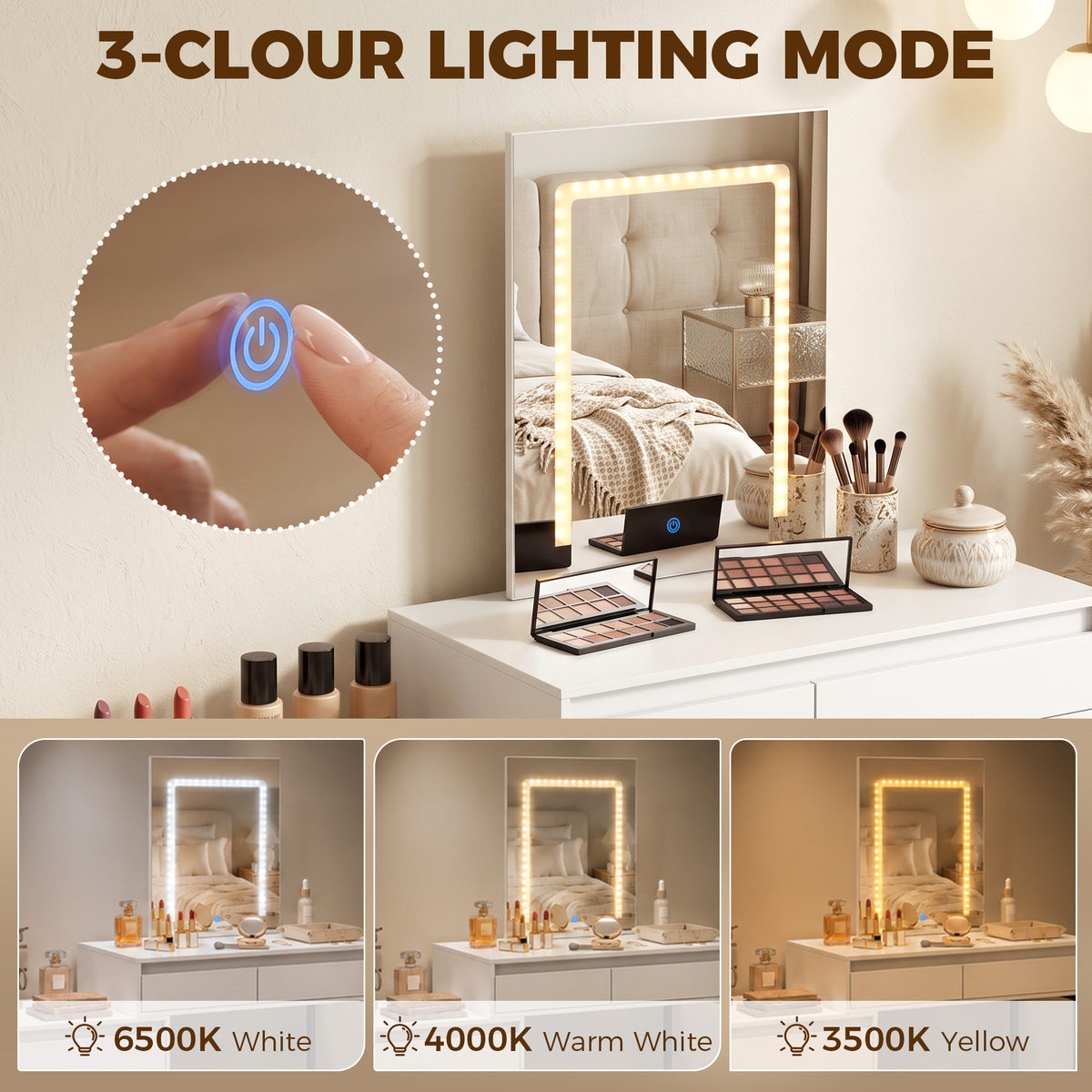 Vanity Makeup Desk LED Mirror Dressing Table Large Storage 5 Drawers White