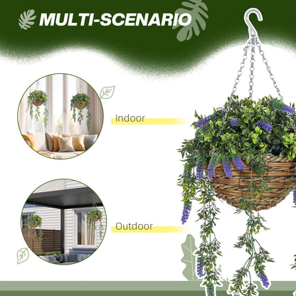 Set of 2 Decorative Artificial Plants, Faux Silk Lavender Flowers in Hanging Baskets, Fake Plants for Home Indoor Outdoor Decor, Purple