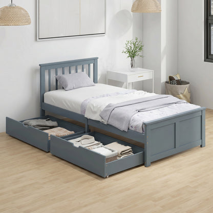 Pine Storage Bed, 3ft Single Solid Wooden Bed Frame with Drawers, Headboard, Wood Slat Support