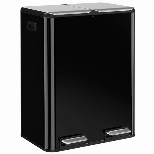 2 x 30L Double Kitchen Bin, Stainless Steel Pedal Rubbish Bin with Dual Compartments, Soft Close Lids, High Gloss Black