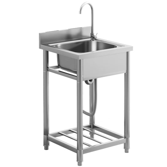 Outdoor Utility Sink, Stainless Steel Free Standing Single Bowl Kitchen Sink with Cold and Hot Water Pipe and Storage Shelf for Laundry Garage, 55 x 50 x 100 cm