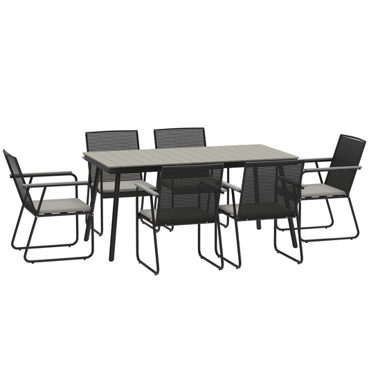 6‑Seater Garden Dining Set with Cushions, Rattan Backrest, Plastic Top, Garden Furniture Set, Grey