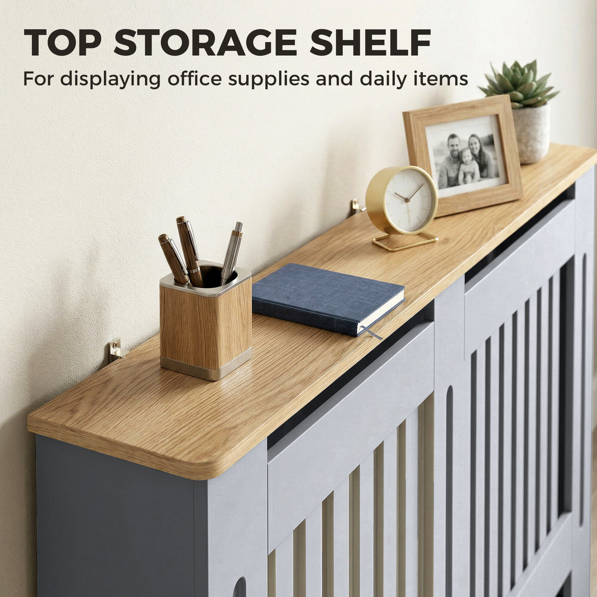 Slatted Radiator Cover, Painted Cabinet with Line Grill Design, 152W × 19D × 81H cm, Grey