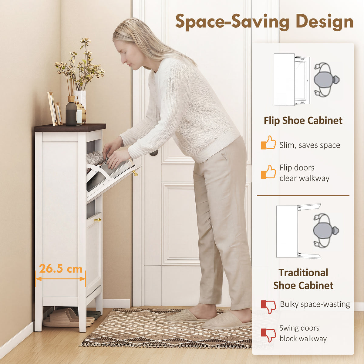 Shoe Cabinet with 2 Flip Drawers, Farmhouse Narrow Shoe Storage Cabinet with Adjustable Shelves, White