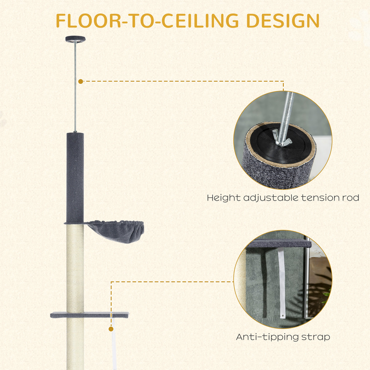 240-270cm Floor-To-Ceiling Cat Tree, 5 Tier Cat Climbing Tower, with Bed, Hammock, Platforms, Dark Grey and Cream