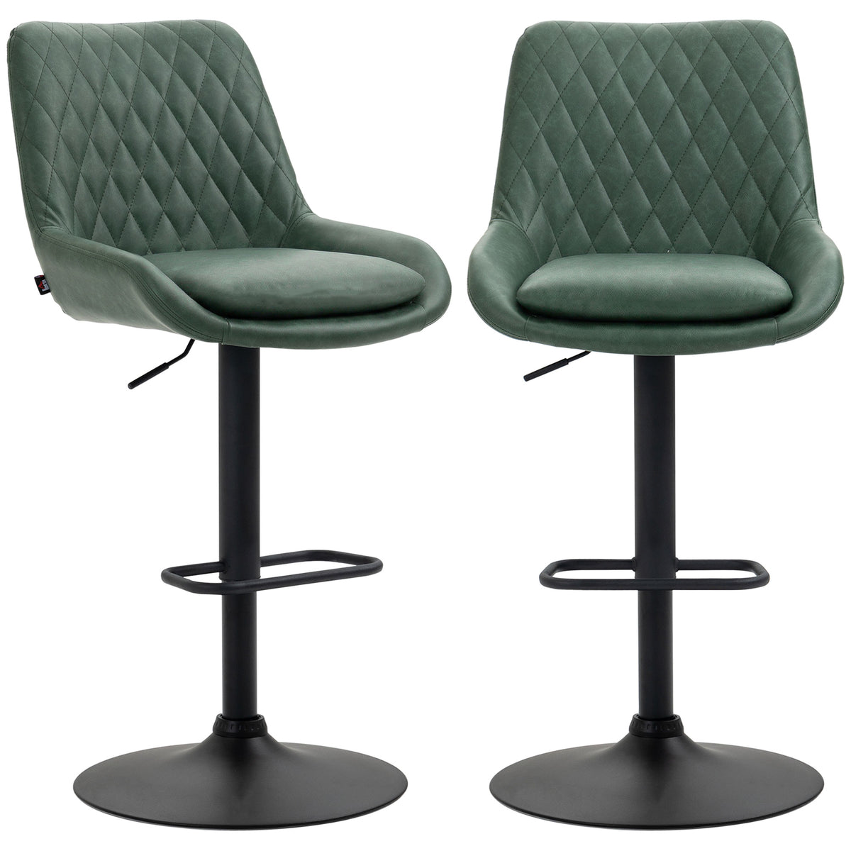 Retro Bar Stools Set of 2, Adjustable Kitchen Stool, Upholstered Bar Chairs with Back, Swivel Seat, Green