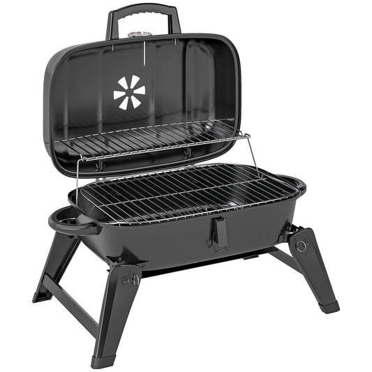 Charcoal Barbecue Grill Folding Portable BBQ Grill for Camping with 1232 cm² Cooking Area, Adjustable Vent, Thermometer, Handles for Picnic, 59 x 37 x 36 cm