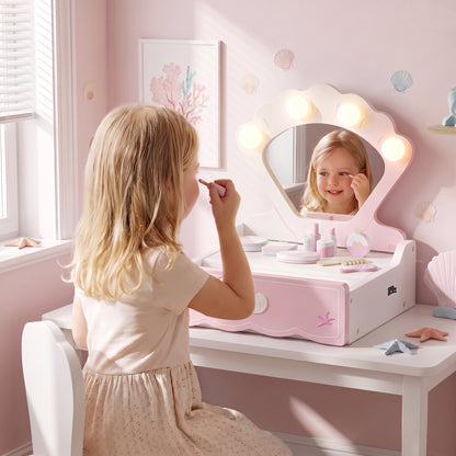 Kids Dressing Table, Portable Vanity Table with Lights, Mirror, Drawer, Accessories, Gift for 3-6 Years