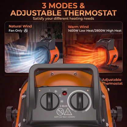 Industrial Fan Heater 2800W with Tilting, Electric Ceramic Space Heater with Adjustable Thermostat, Handle