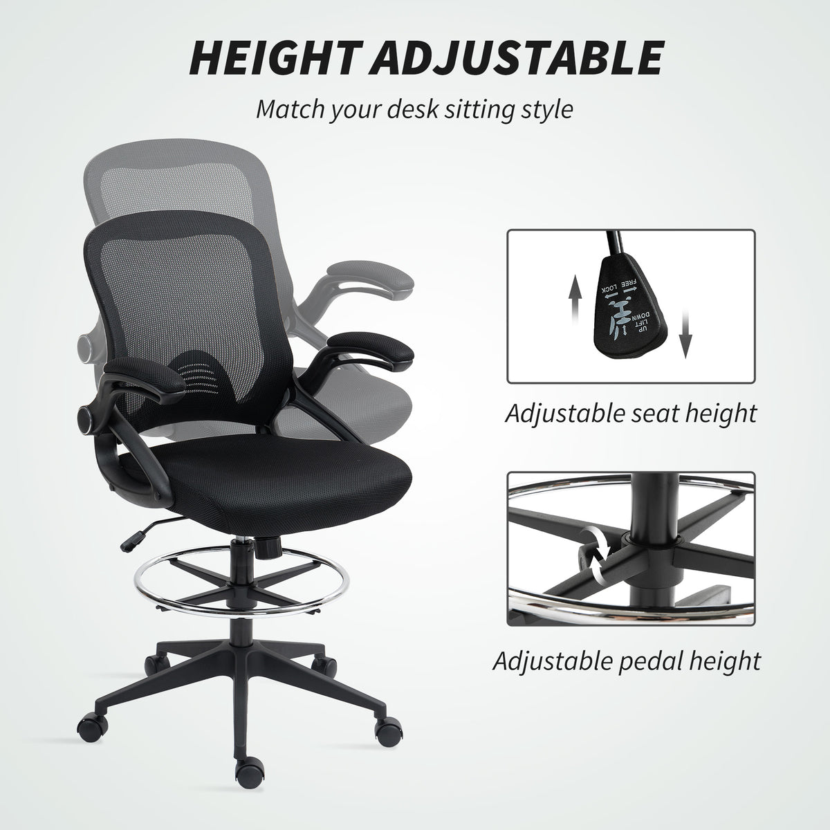 Drafting Chair with Flip-up Armrest, Mesh Office Stool with Foot Ring, 360 Degree Swivel Height Adjustable Chair for Standing Desk, Black