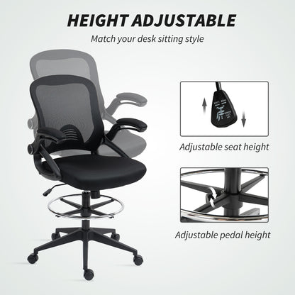 Drafting Chair with Flip-up Armrest, Mesh Office Stool with Foot Ring, 360 Degree Swivel Height Adjustable Chair for Standing Desk, Black