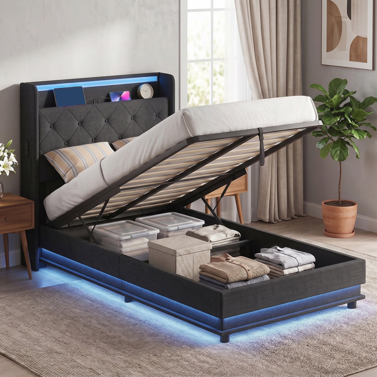 3ft Single Bed Frame with Headboard, Platform Bed Frame with Hydraulic Storage, LED Lights and Charging Station, Black