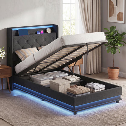 3ft Single Bed Frame with Headboard, Platform Bed Frame with Hydraulic Storage, LED Lights and Charging Station, Black