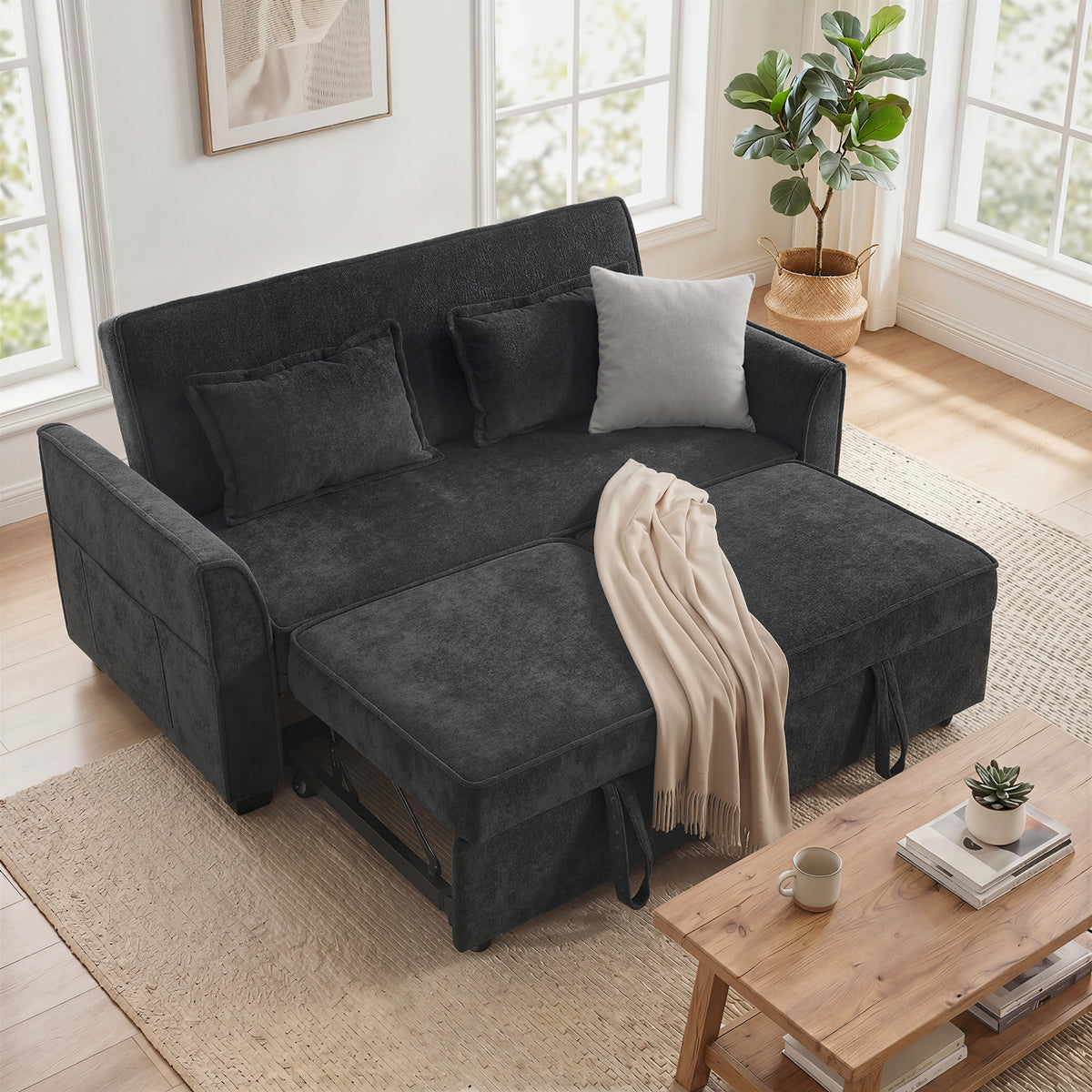 2 Seater Sofa Bed, 4-in-1 L-Shaped Convertible Pull-Out Sleeper Sofa with Adjustable Backrest and Side Pockets