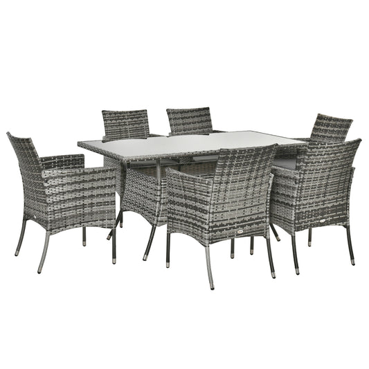 7-Piece Rattan Garden Furniture Set with Cushions, 6 Seater Garden Table and Chairs, Rattan Dining Set with 6 Armchairs, Rectangular Glass Top Table, Grey